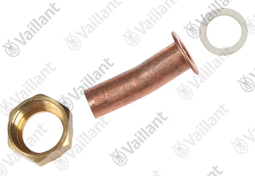 Vaillant Rohr mit einer zylindrischen Form und einer kupferfarbenen Oberfläche, begleitet von einer Mutter und einer Dichtung, zur Verwendung in Rohrleitungssystemen.